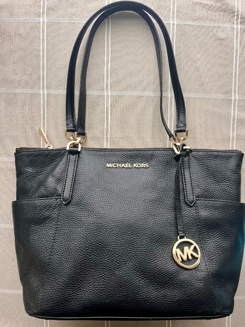 Michael Kors Black Leather Tote Handbag- Gold Tone MK Logo